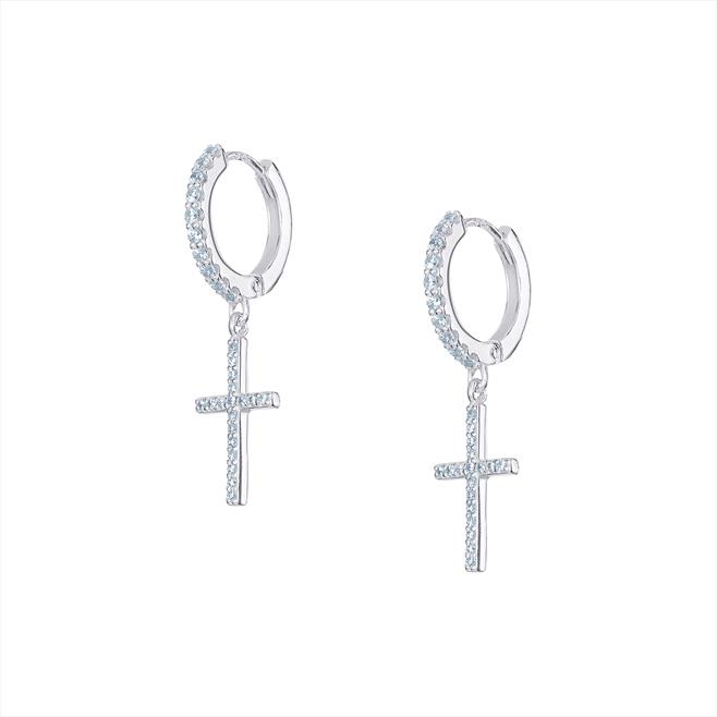 CZ Hoop Earrings with Cross