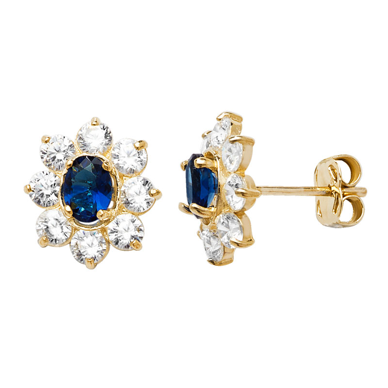 9ct Sapphire Flower CZ Studs