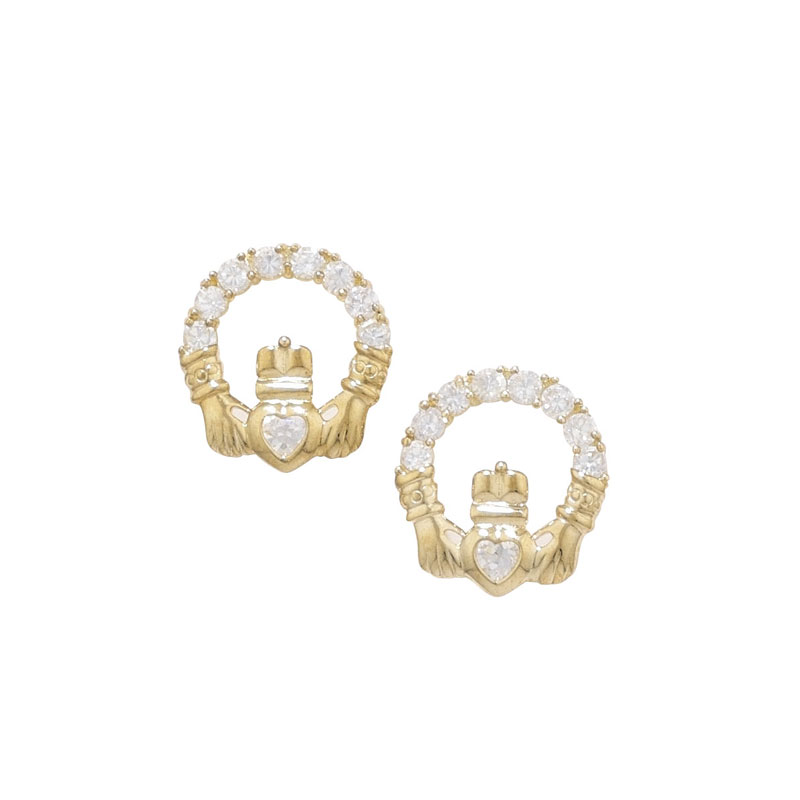 9ct Gold CZ Claddagh Studs