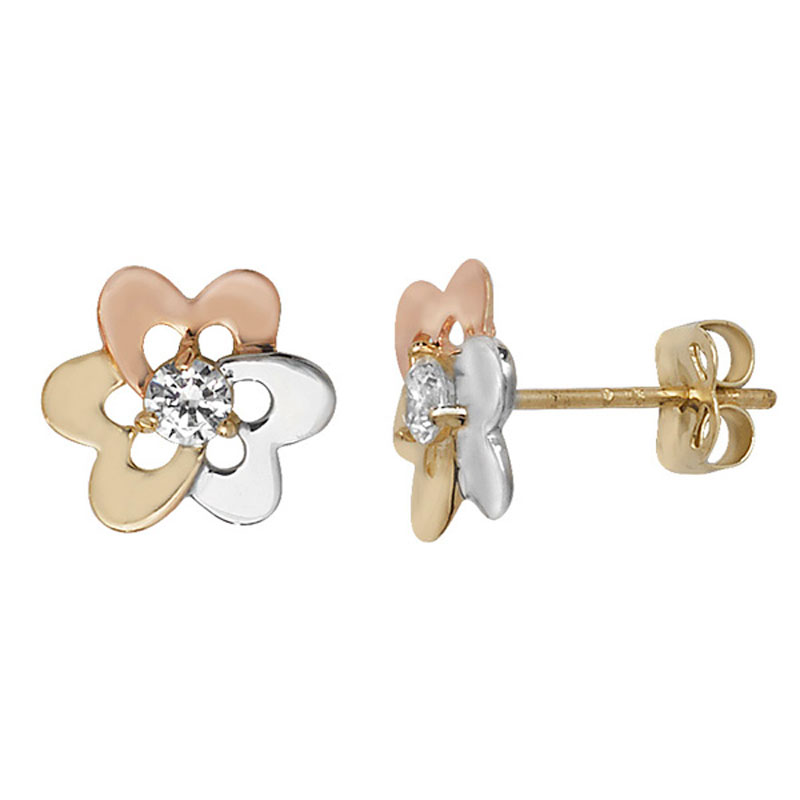 9ct Three Tone Flower Studs