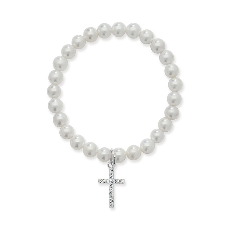 White Pearl Bracelet Cross Charm Set