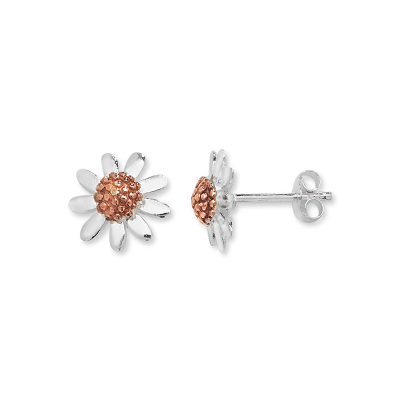Silver Daisy Earrings with Rose Gold