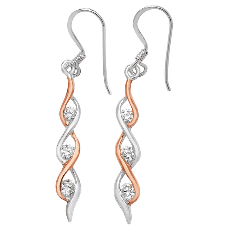 Two Tone CZ Twisted Drop Earrings