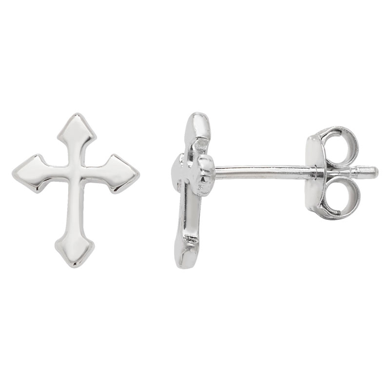 Rhodium Plated Silver Cross Stud Earrings