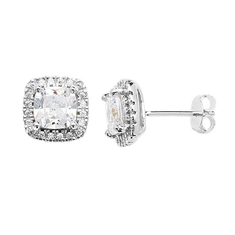 Silver Square CZ Stud Earrings