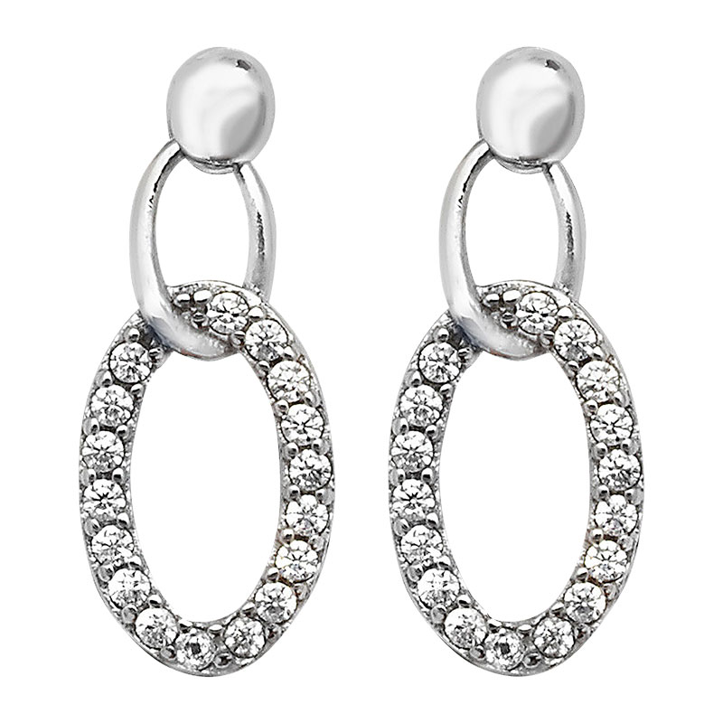 Linked plain and CZ Oval Drop Earrings