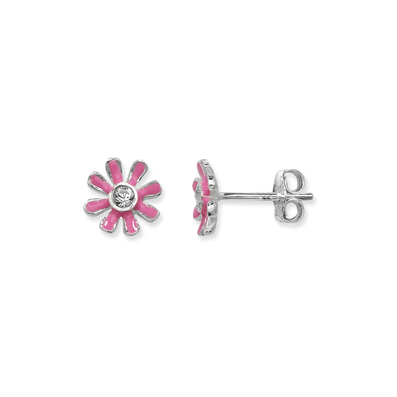 Kids Pink Flower Earrings with CZ Detail