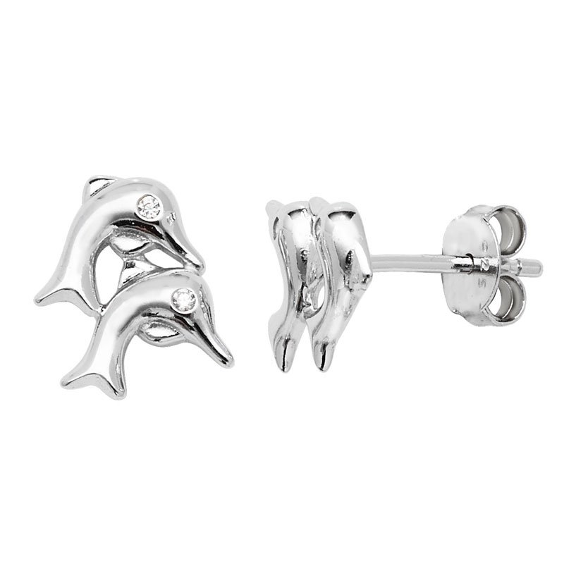 Double Jumping Dolphins CZ Stud Earrings