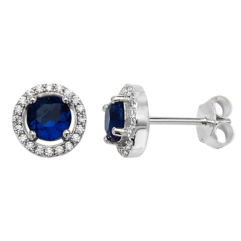 Blue CZ Round Stud Earrings