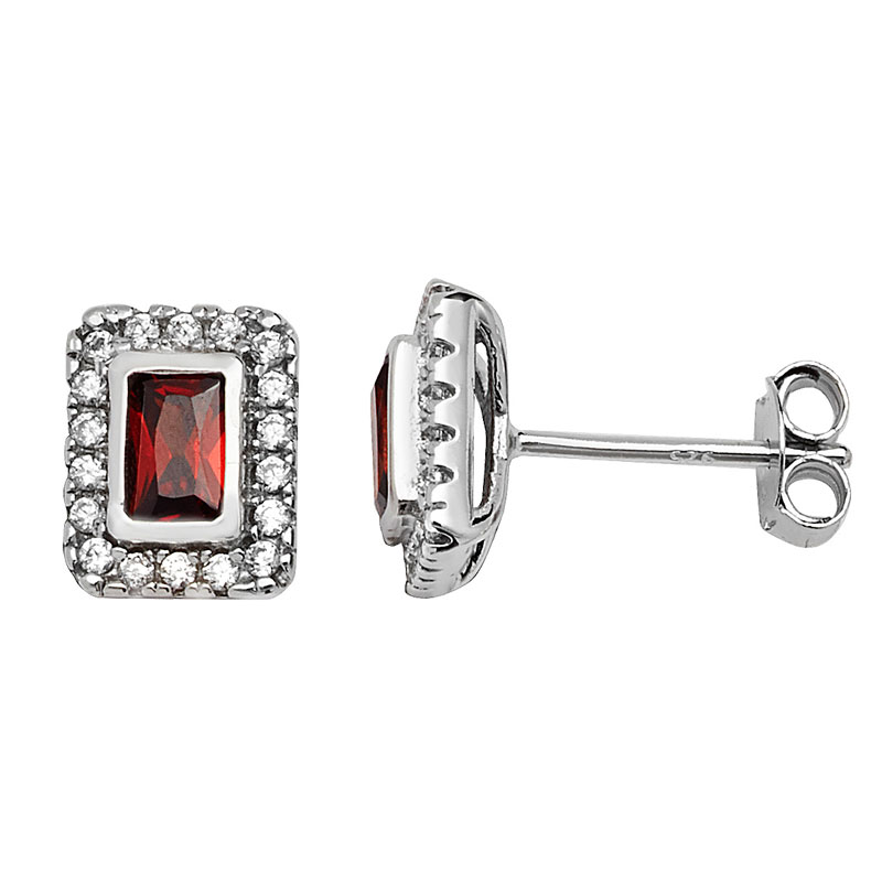 Red CZ Square Stud Earrings