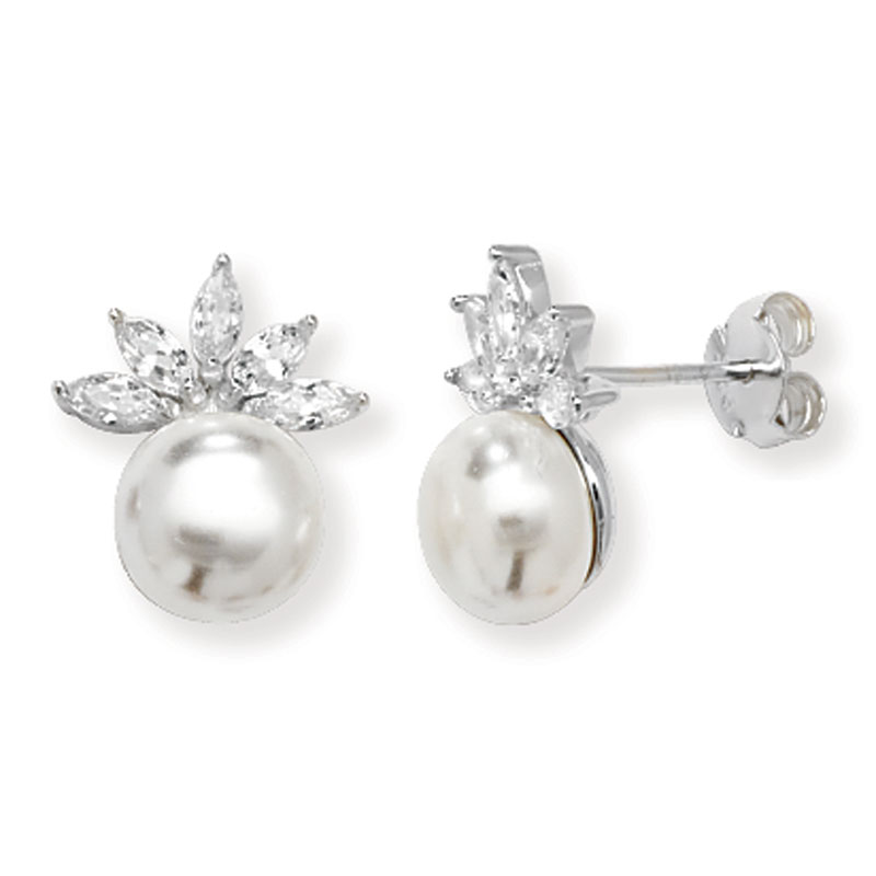 Fancy CZ and Pearl Drop Earrings