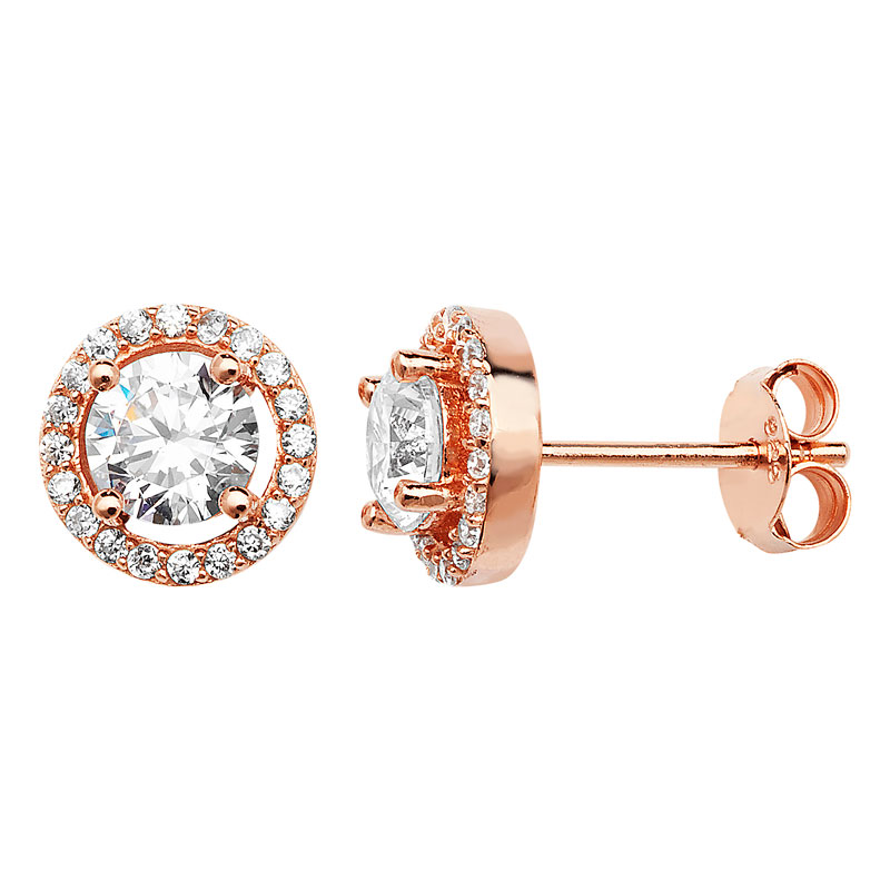 Classic Rose Gold Halo Stud CZ Earrings