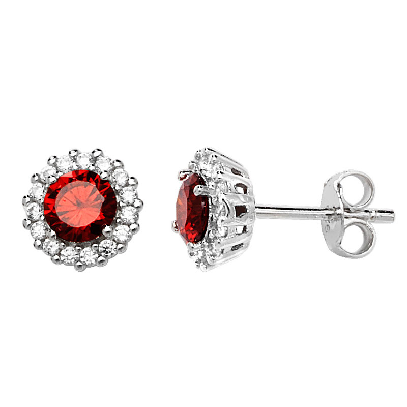 Garnet CZ Round Stud Earrings