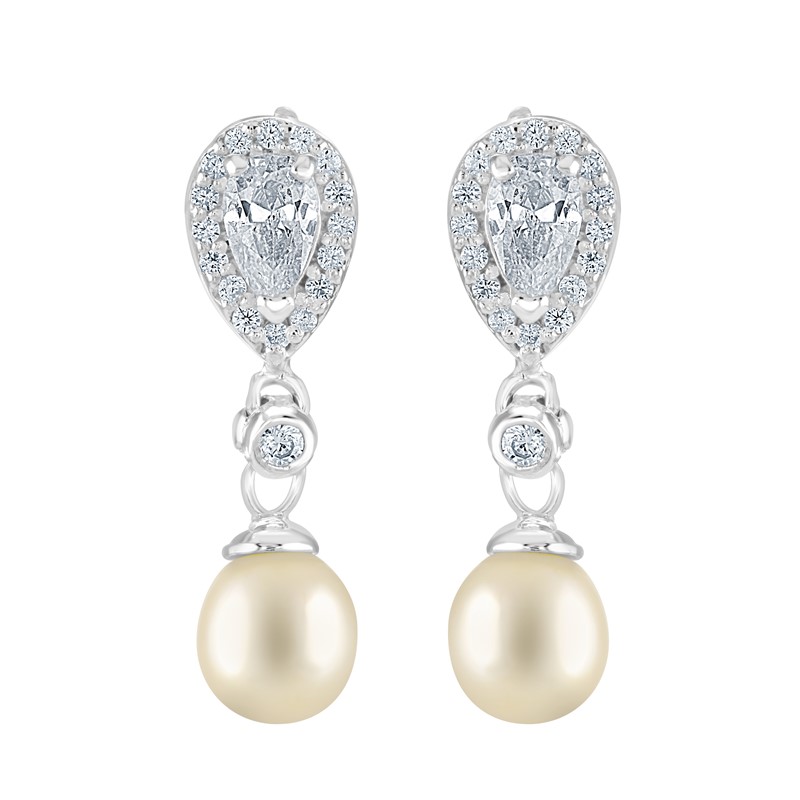 Teardrop CZ and Pearl Drop Earrings