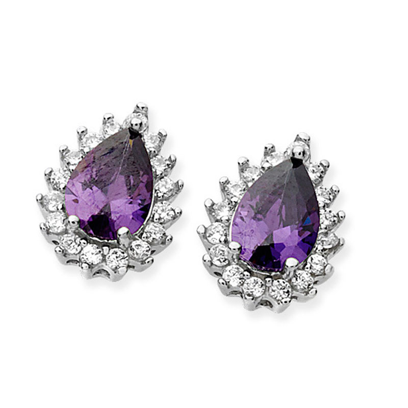 Silver and purple CZ Tear Drop Stud Earrings