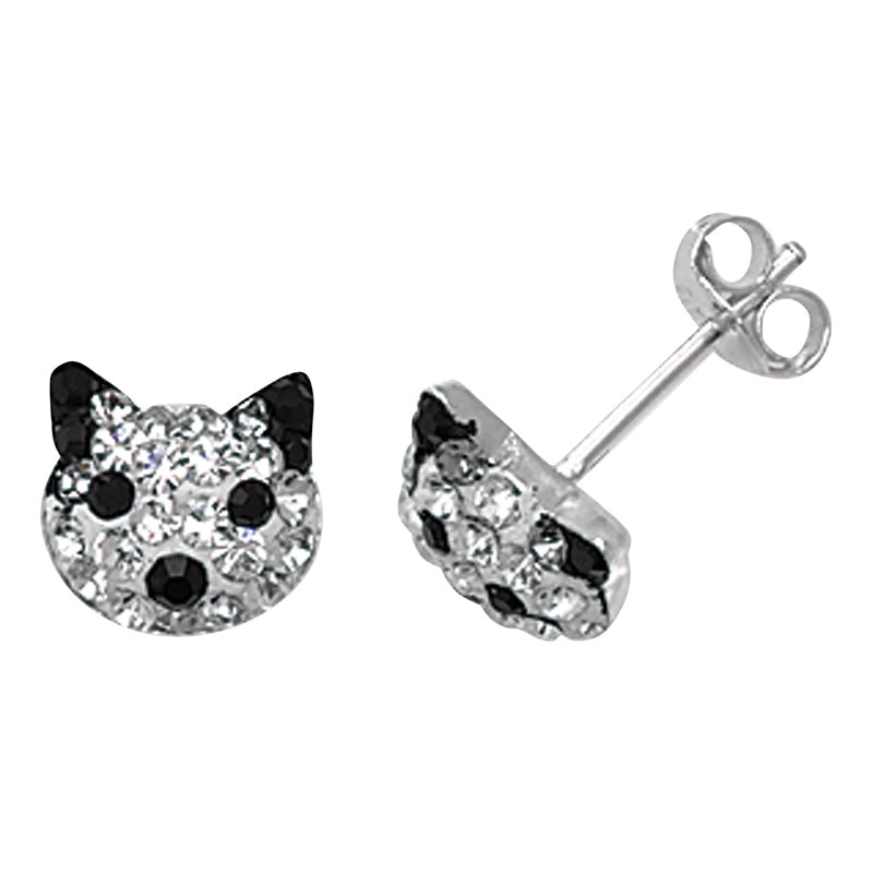 Kids Black and White Crystal cat Earrings