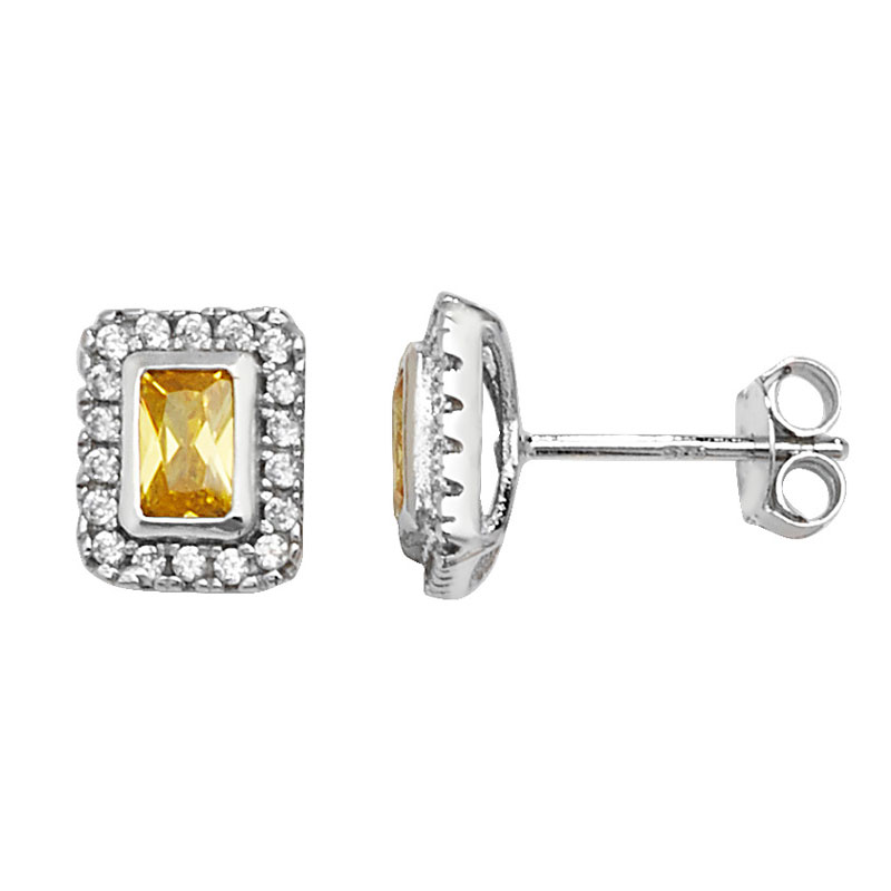 Yellow Stone CZ Square Stud Earrings