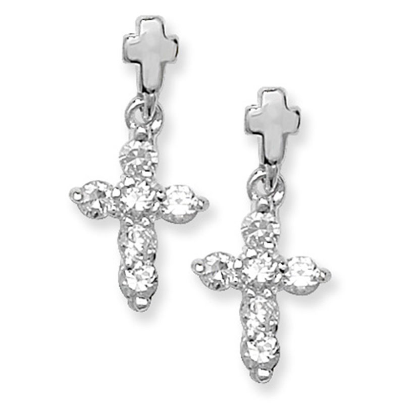CZ Silver Cross Drop Earrings