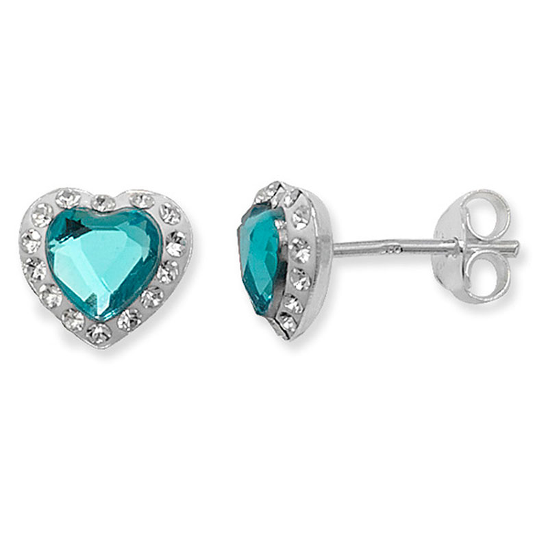 Aquamarine Crystal Heart Stud Earrings