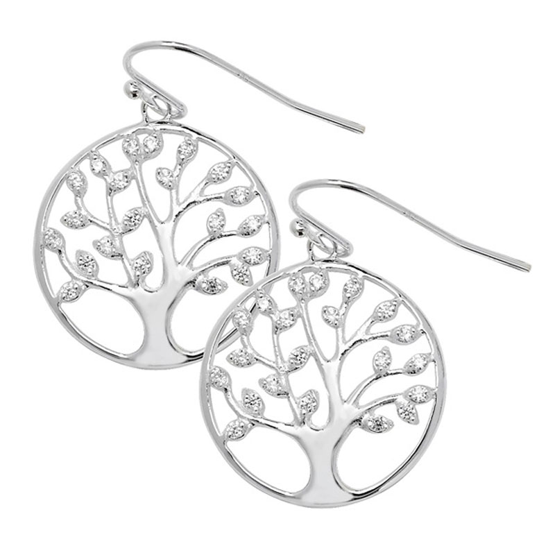 CZ Tree Of Life Silver Drop Earrings