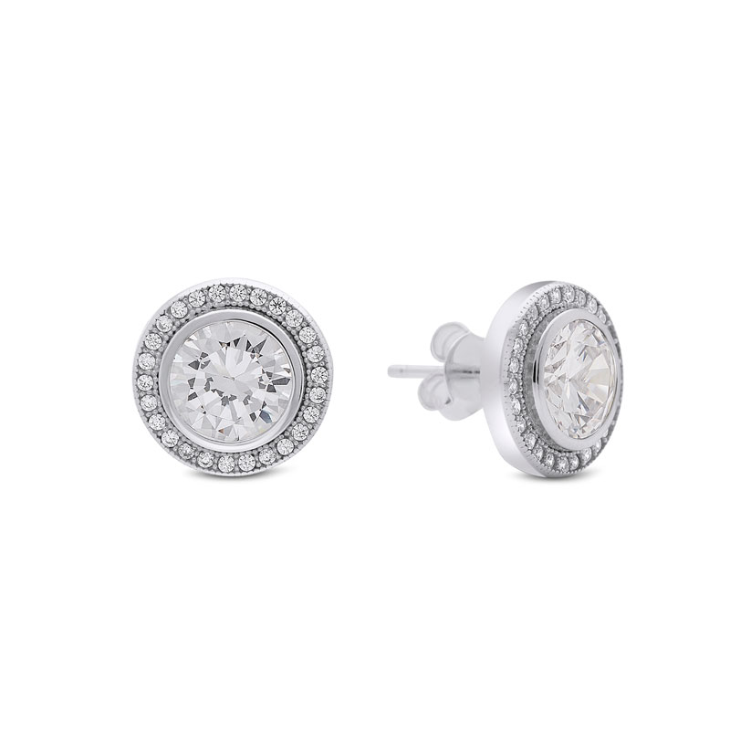 Classic Round CZ Halo Style Stud Earrings