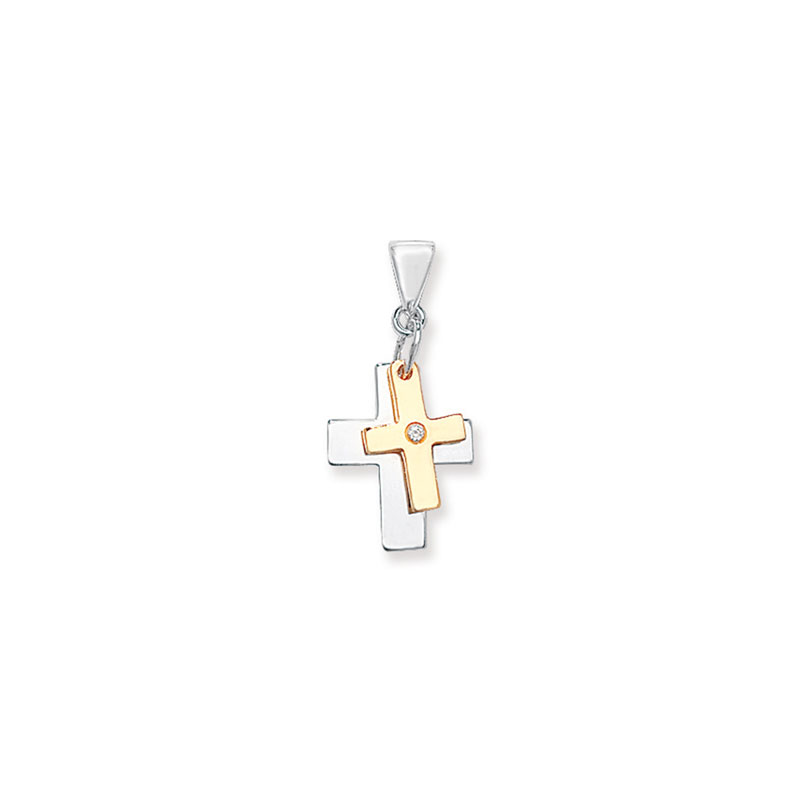 Two Tone CZ Double Cross Pendant