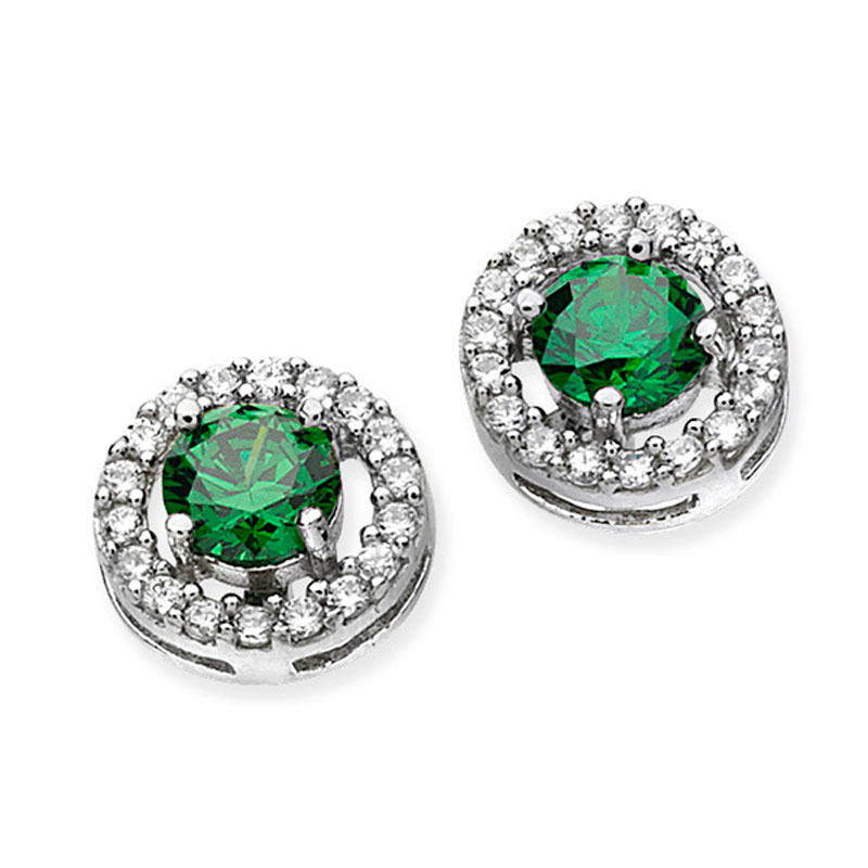 Silver and Green CZ Stud Earrings