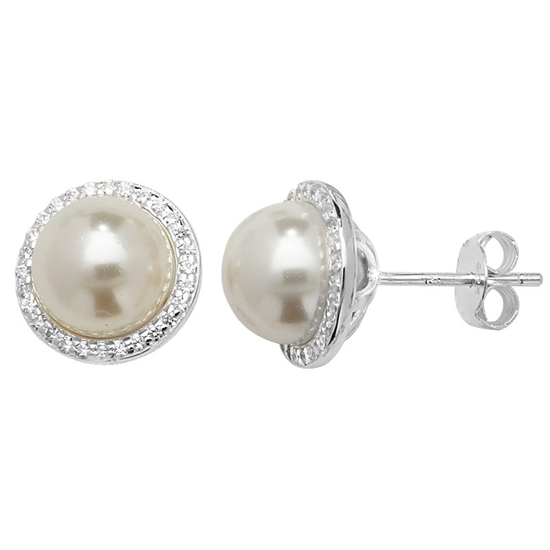 Pearl Stud Earrings with CZ Surround