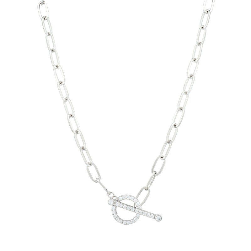 Sterling Silver T-BAR Necklace with CZ Detail