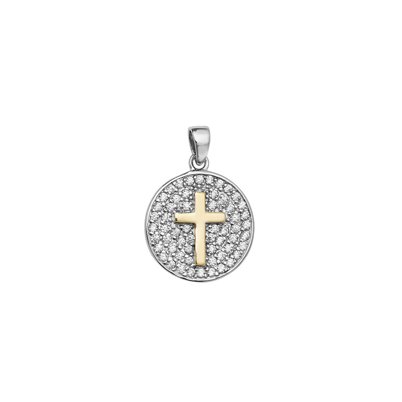 Two Tone CZ Circle Pendant With Cross